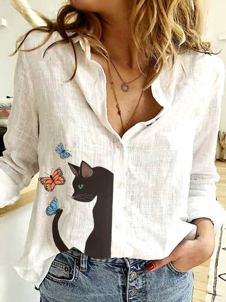 Cat Printed Long Sleeve Lapel Collar Blouse For Women P1772853