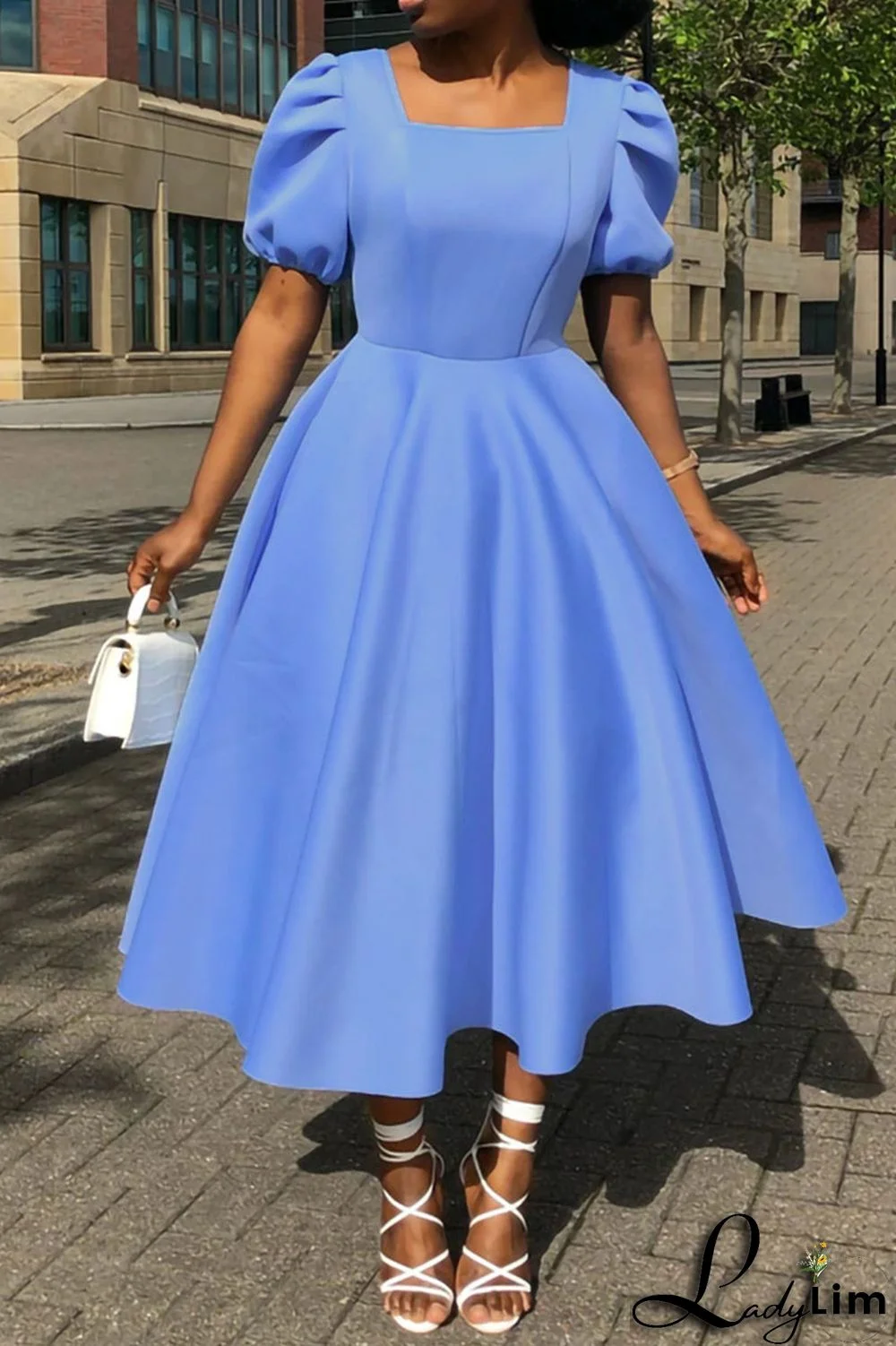 Light Blue Elegant Solid Patchwork Square Collar Evening Dress Dresses