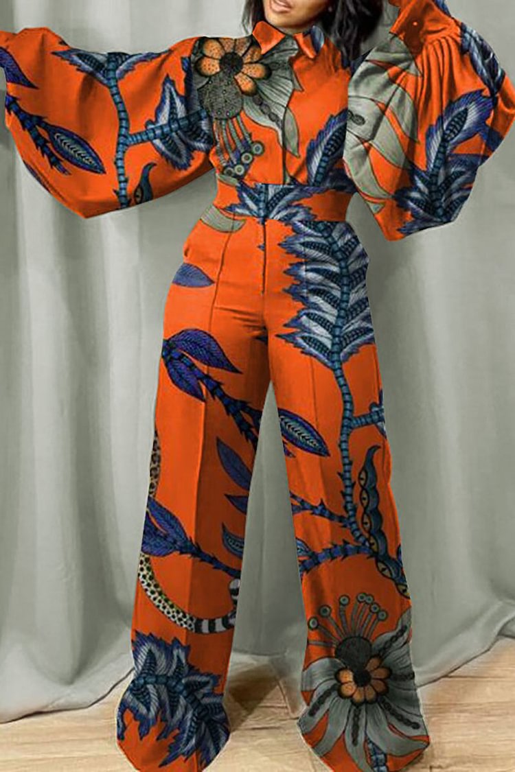 Xpluswear Plus Size Orange  Daily Fold Print Puff Sleeve Wide Leg Jumpsuits
