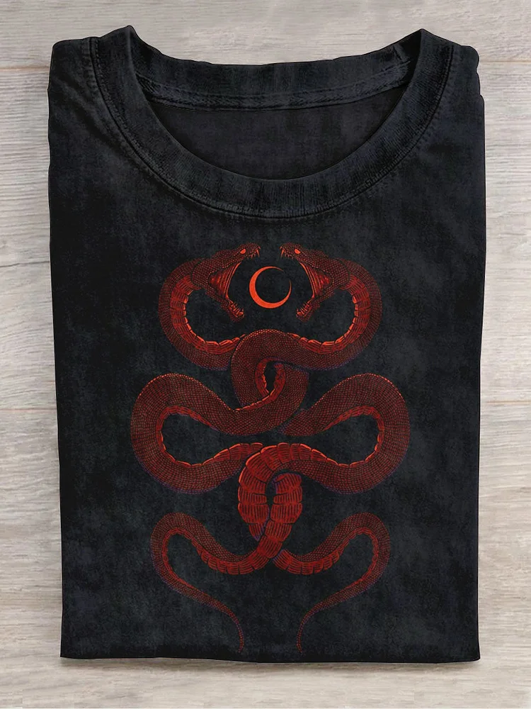 Unisex Double Snake Moon Art Print Round Neck Short Sleeve T-Shirt