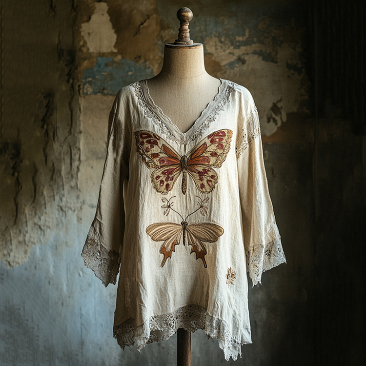 Lunivibe Women's Butterfly And Dragonfly Embroidery Linen Art V-neck Shirt