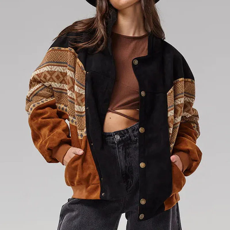 Women VIntage Suede Patchwork Fleece Jacket