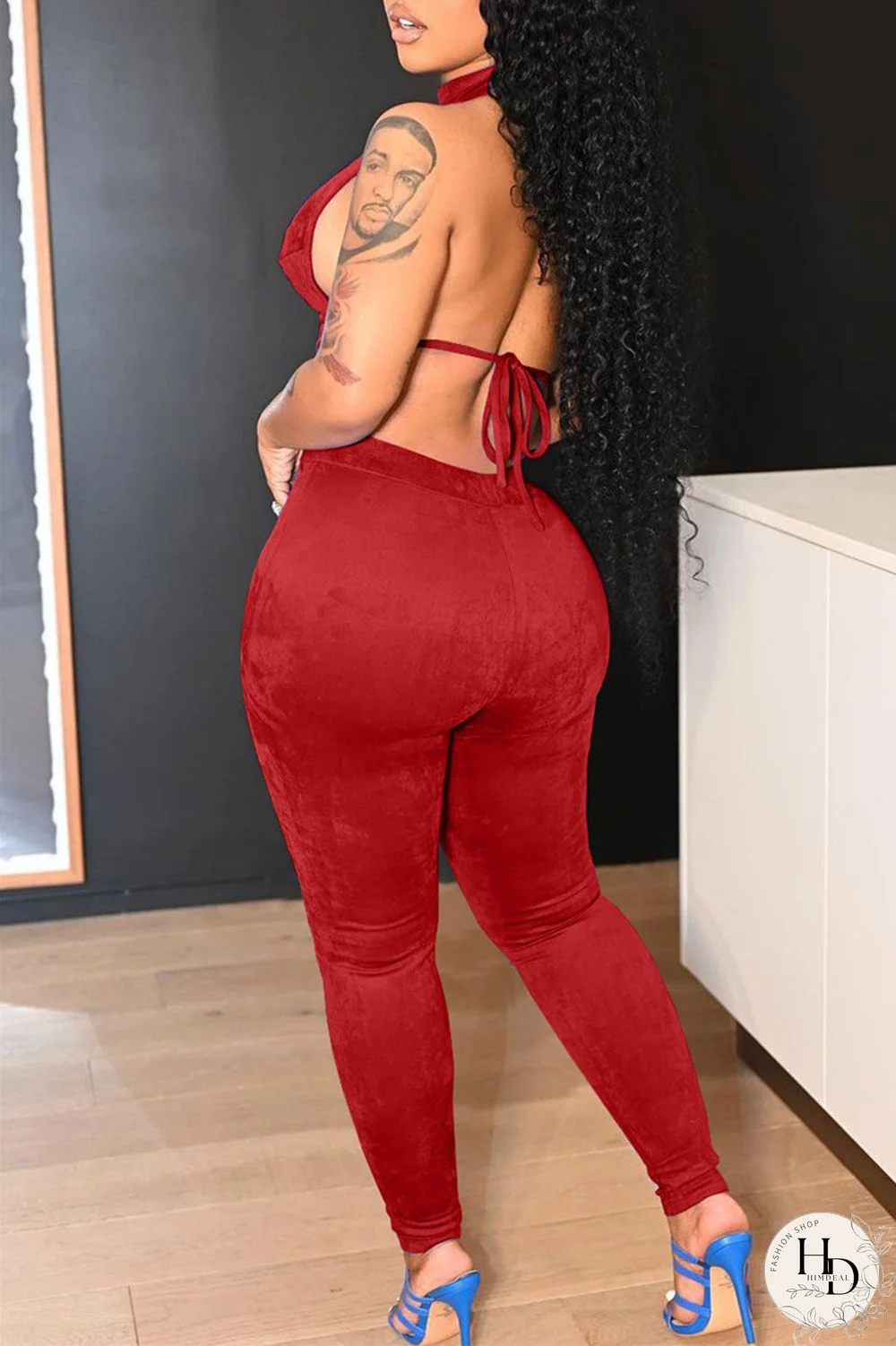 Red Fashion Sexy Solid Hollowed Out Backless Turtleneck Sleeveless Two Pieces