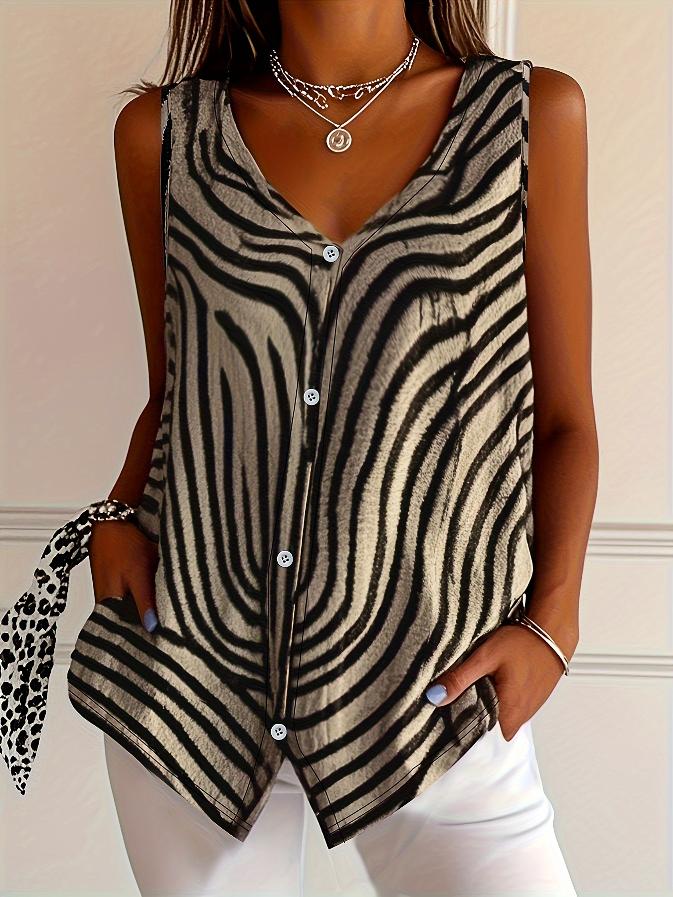 Women's Elegant Blouse-Like Vest - Button-Front Closure, Beige/Black/Stripes, Lightweight Office & Party Tops For Women - Machine Washable Chic Blazer Alternative, Clothes For Lady, Casual Chic Wear, Vneck Design, Sophisticated Weave | IFYHOME