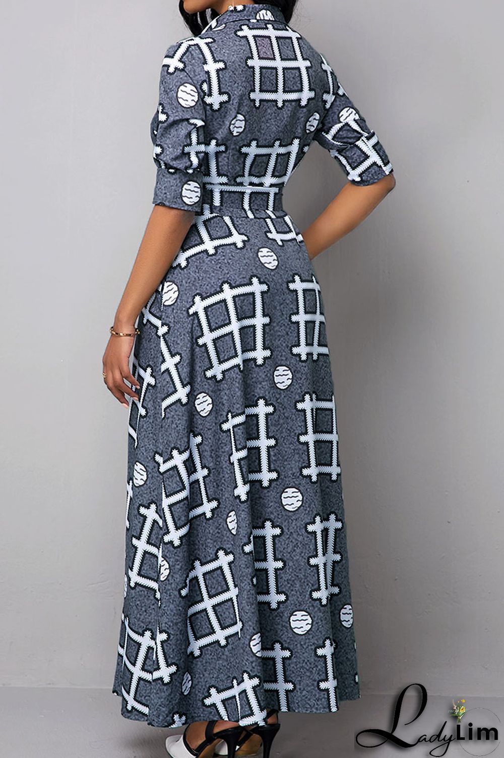 Colour Casual Print Patchwork Buckle Turndown Collar Dresses