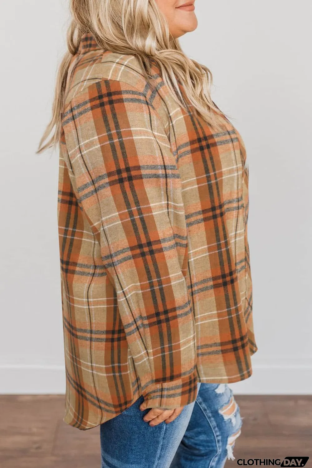 Orange Plus Size Buttons Plaid Pattern Shirt
