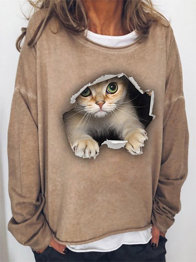 Long Sleeve Crew Neck 3D Cute Cat Graphic Printed Casual Sweatshirt