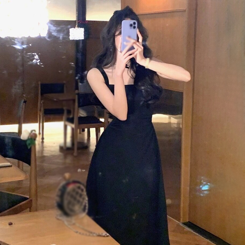 Women's Square Neck Waistband Sleeveless Halter Dress Summer Pleated Slim Long Dresses Women's Gentle Princess Dresses