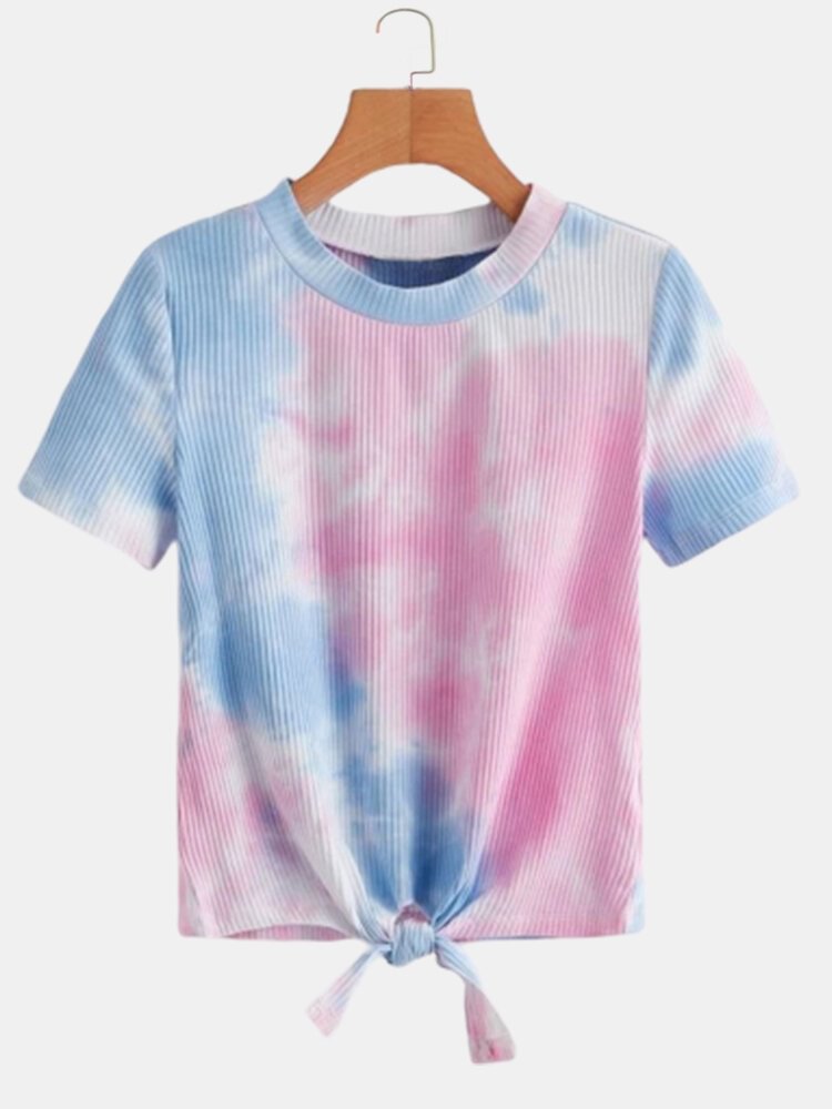 Tie Dye Print Knotted Short Sleeves O neck Casual T shirt For Women P1694543