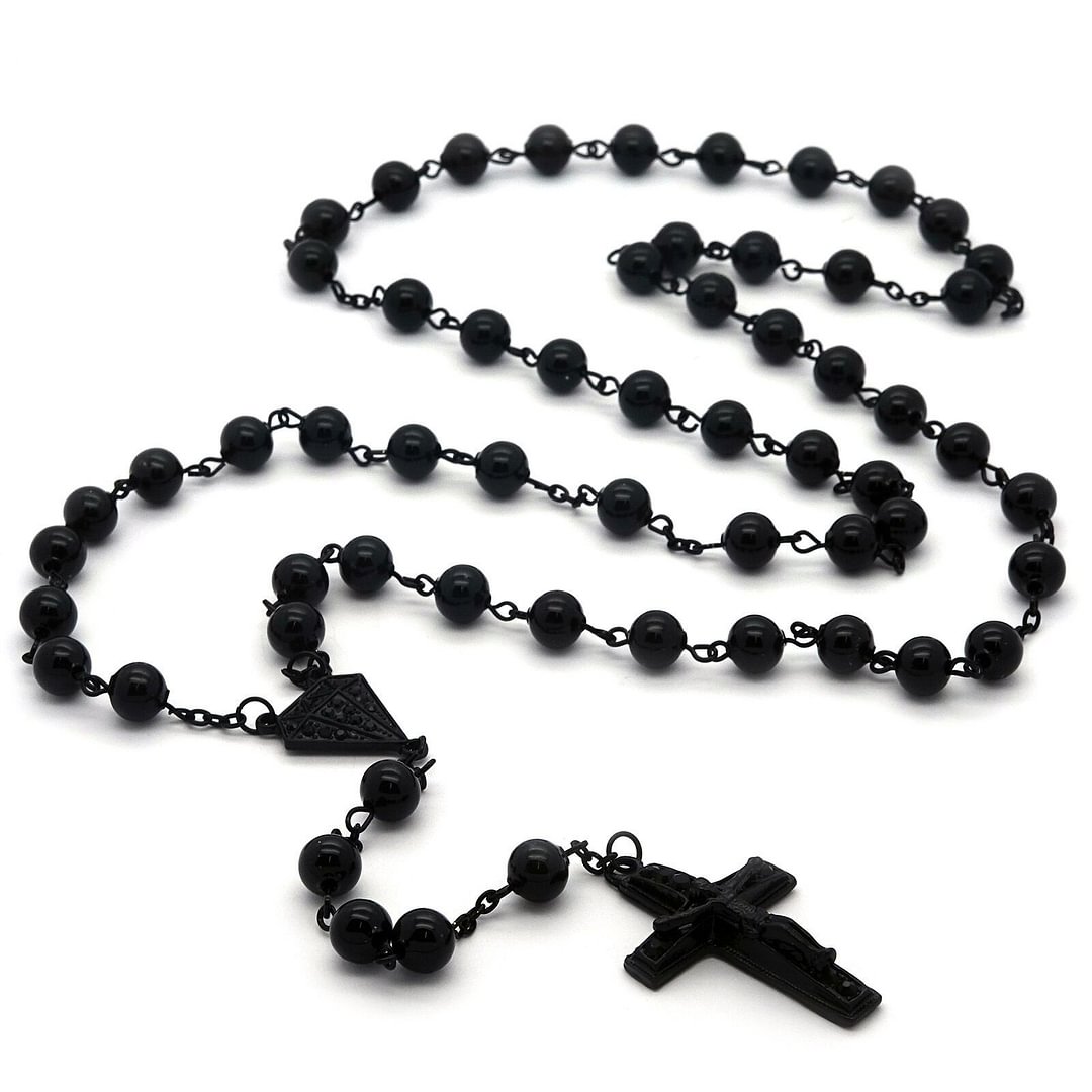 Black Crystal Beads Rosary With D-Shape & Cross Pendants-VESSFUL