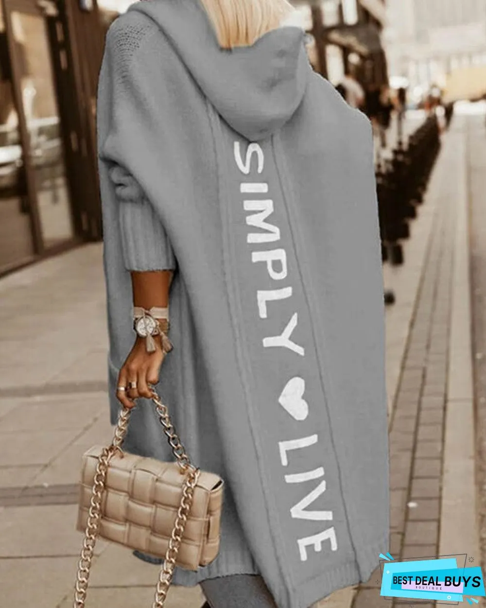 Letter Heart Print Long Line Hooded Cardigan