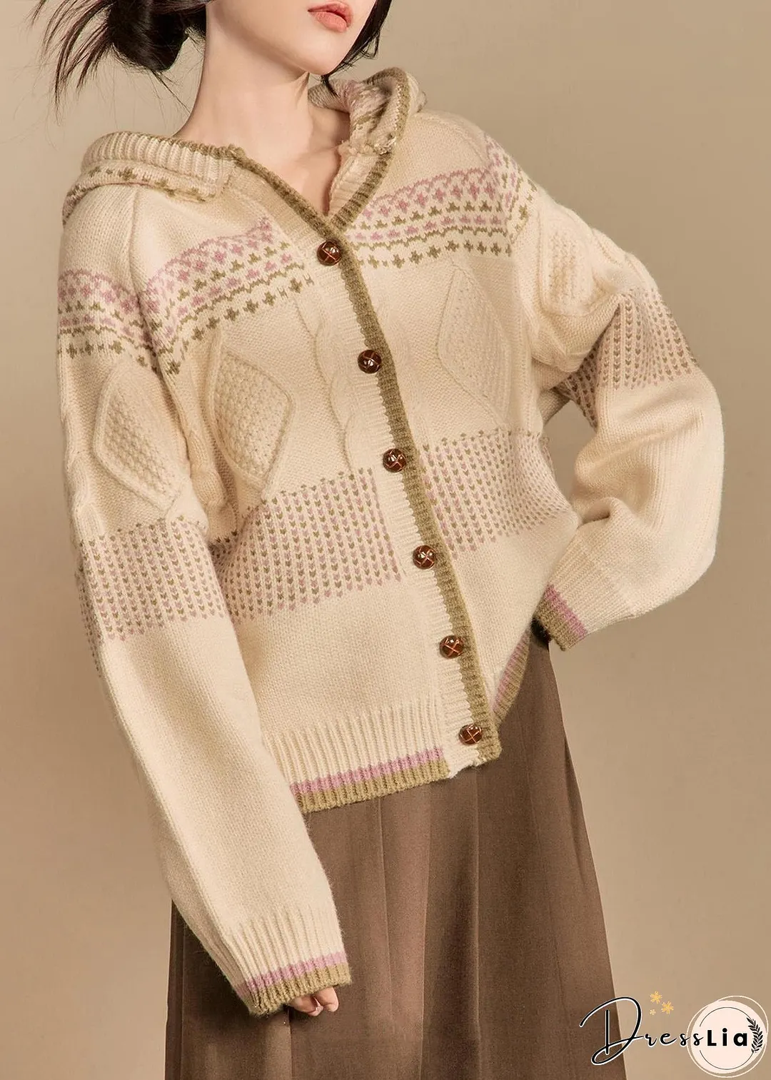 Loose Apricot Hooded Button Knit Coats Winter