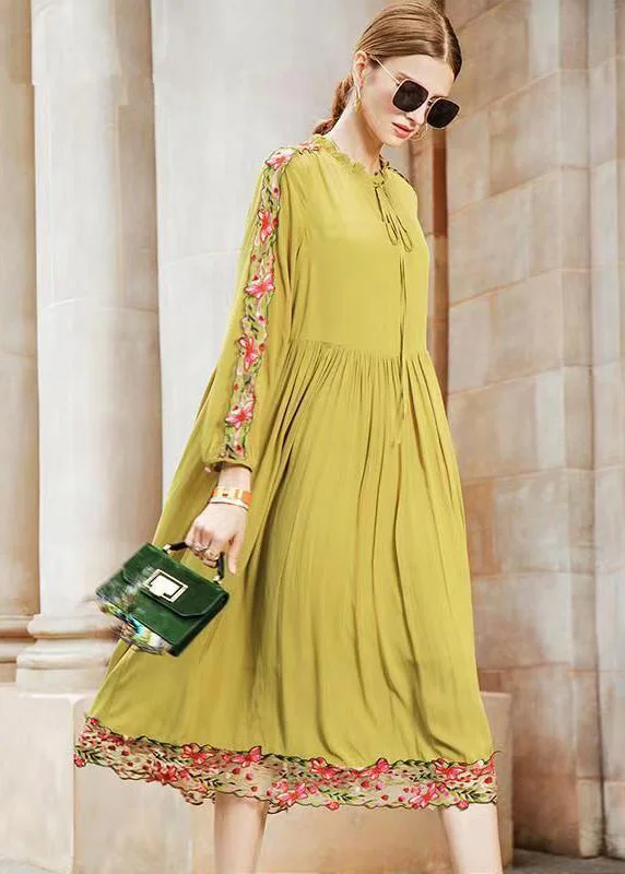 Fine Yellow Ruffled Embroideried Wrinkled Patchwork Chiffon Dress Fall