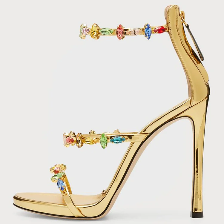 Metallic Gold Strappy Heels Open Toe Crystal Decor Stiletto Sandals |FSJ Shoes