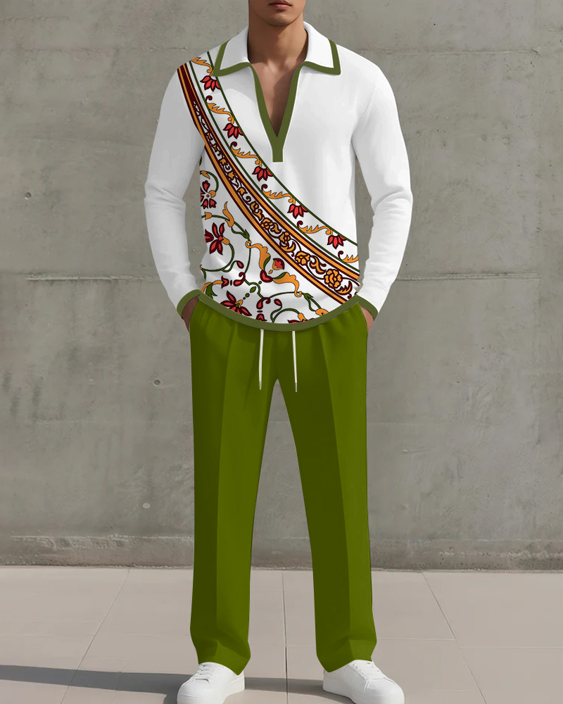 Big & Tall Men's Green Pattern Printed POLO V-Neck Long Sleeve Pants Two-Piece Set