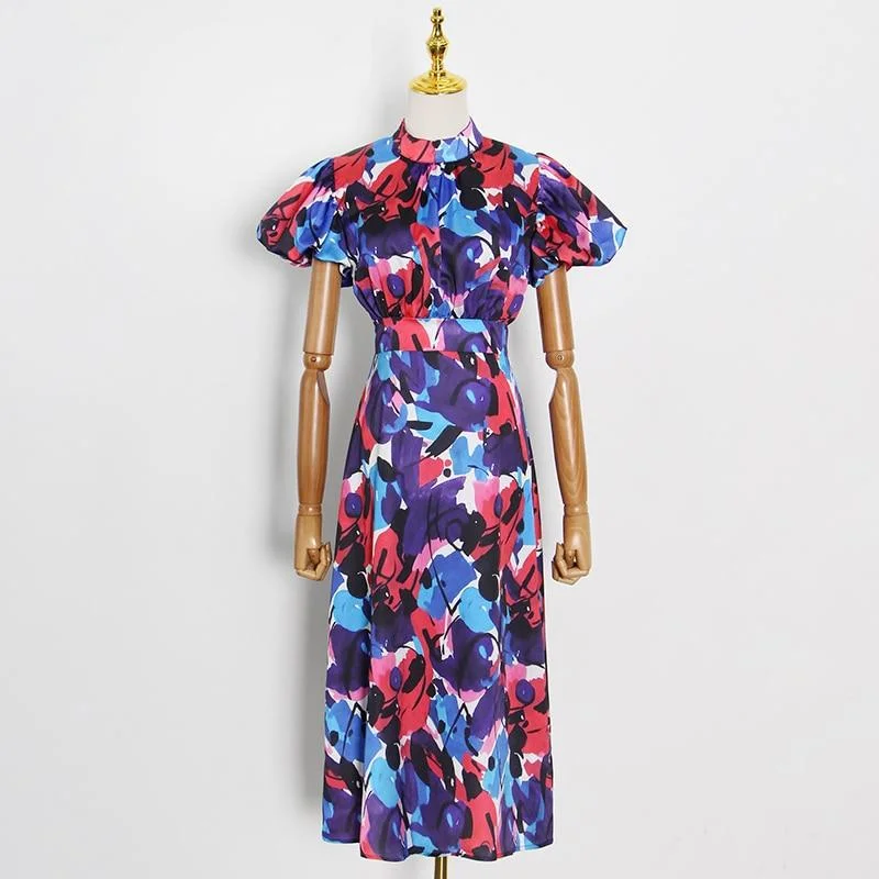 ABEBEY Print Summer Hit Color Dress For Women Stand Collar Puff Sleeve High Waist Backless Midi Dresses Female Fashion New