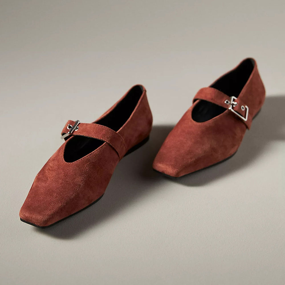 Maroon Buckle Strap Square Toe Flat Mary Jane Shoes for Women Nicepairs