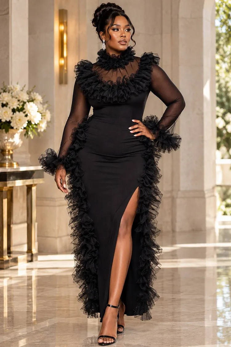 Xpluswear Design Plus Size Cocktail Party Tulle Black Stand-Up Collar Long Sleeve Split Ruffle Mesh Midi Dresses [Pre-Order] 2024 - Xpluswear