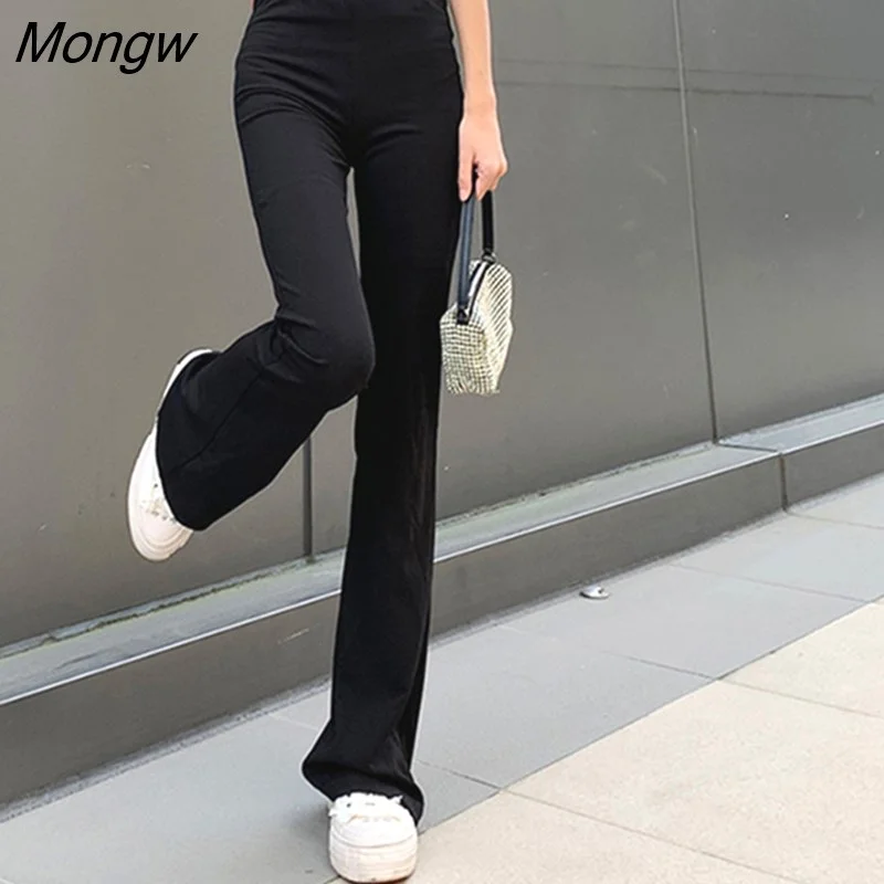 Mongw Women Fashion Elastic Waist Black Flared Pants Solid Color High Waist Wide Leg Trousers Casual Hipster Streetwear Pants
