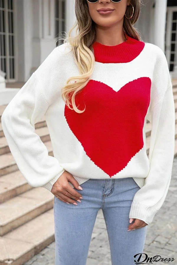 Heart Shaped Crew Neck Contrasting Knitted Long Sleeve Pullover Sweater
