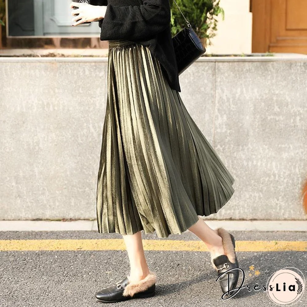 Fasion High Waist Pleated Velvet Skirt