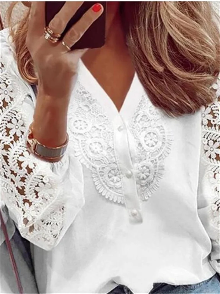 Women's Blouse Plain Casual Daily Work Blouse Shirt Long Sleeve Lace V Neck Basic Vintage White