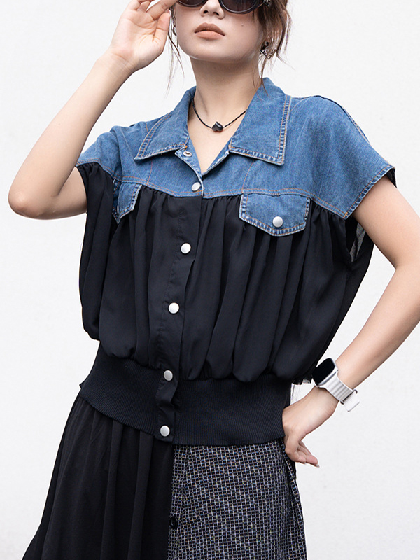 Lapel Denim Patchwork Chiffon Vest Blouses