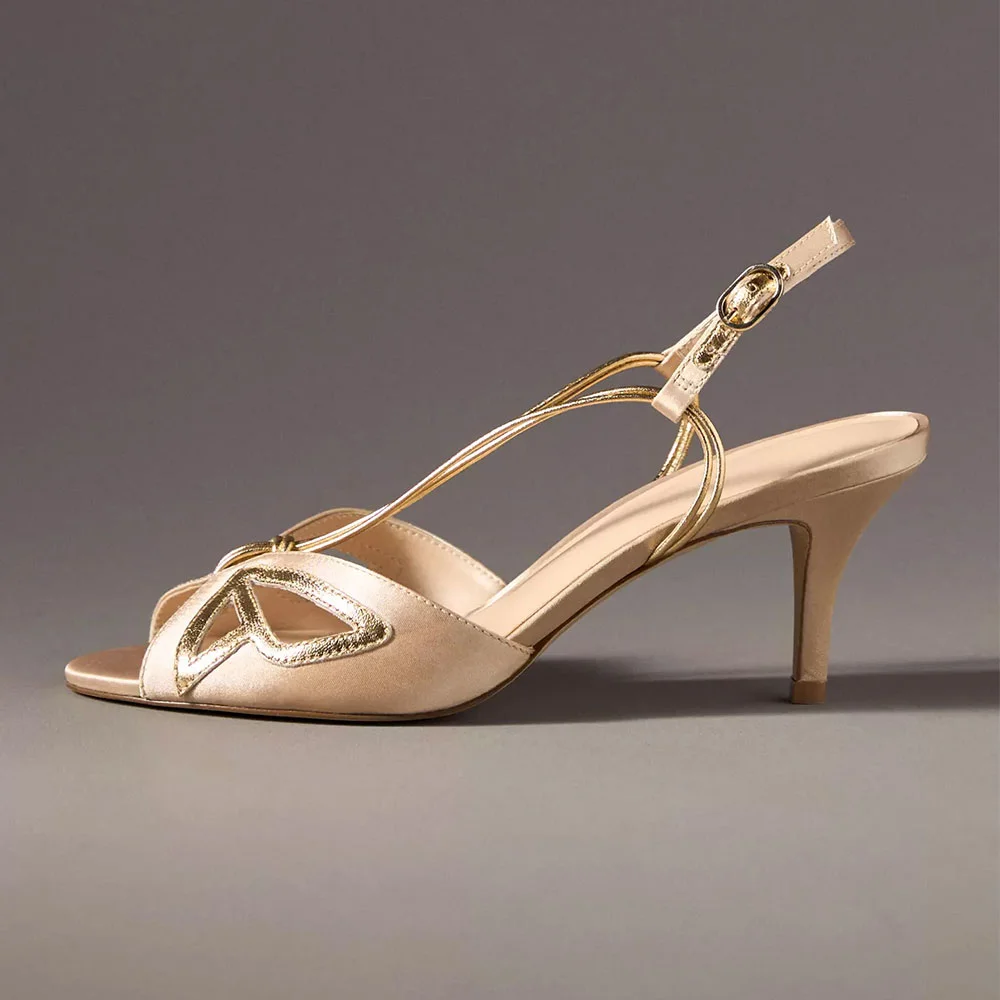 Nude & Gold Peep Toe Kitten Heel Women Sandals with Metallic Butterfly