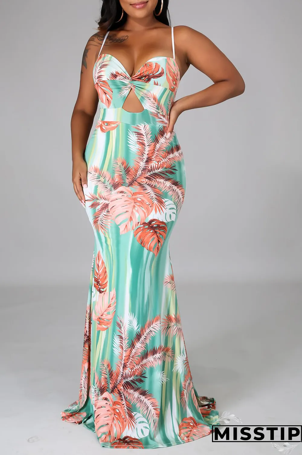 Blue Sexy Print Hollowed Out Spaghetti Strap Trumpet Mermaid Dresses