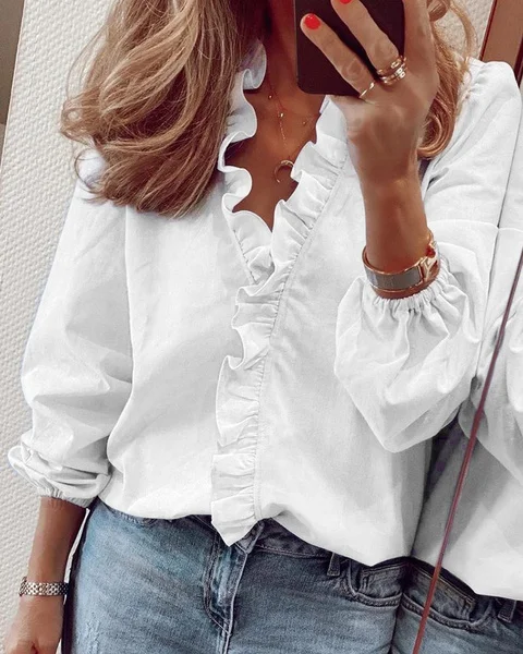 XS-8XL Plus Size Fashion Clothes Women's Casual Spring Summer Tops Long Sleeve Deep V-neck Shirts Loose T-shirts Ladies Flare Tops Solid Color Chiffon Blouses
