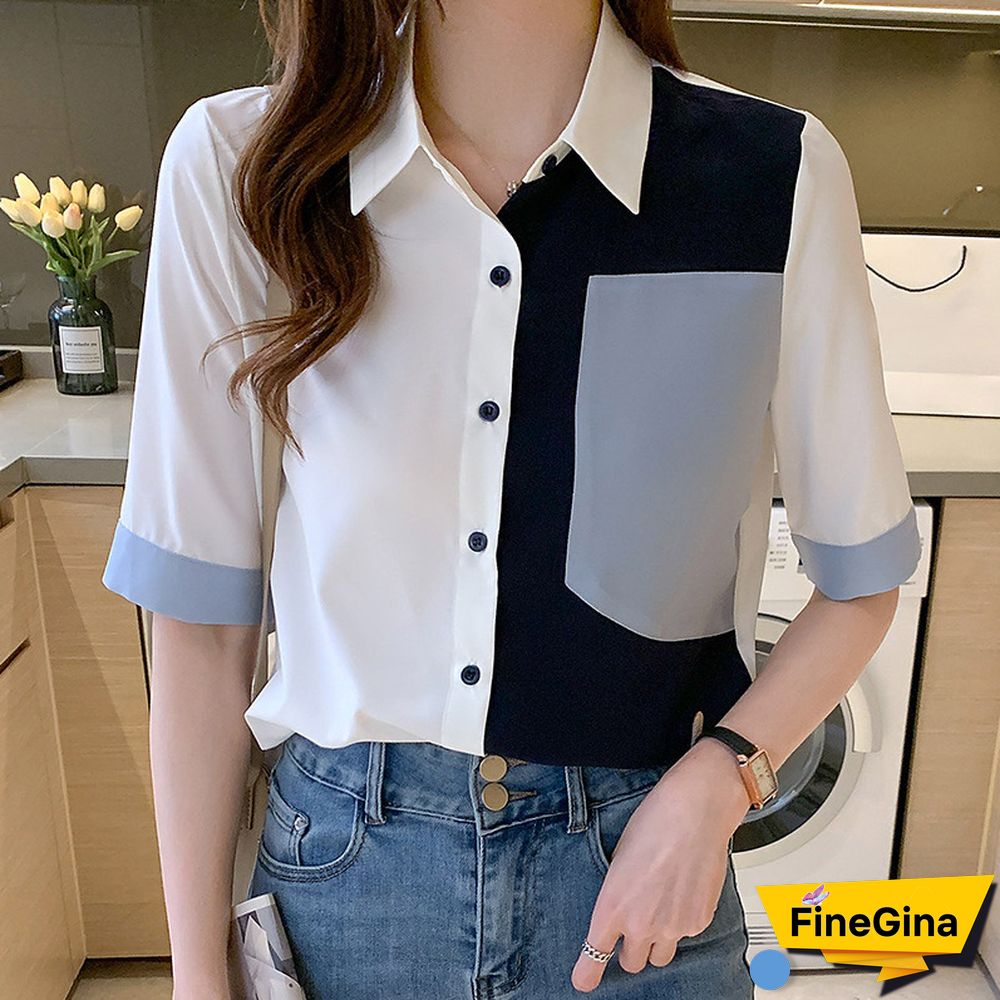 Vintage Pocket Colorblock Blouse Workwear