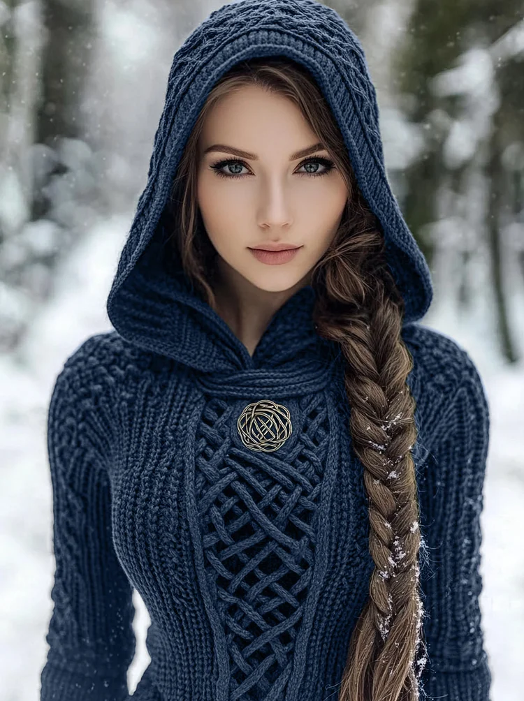 Women's Viking Style Knitted Cozy Hooded Sweater