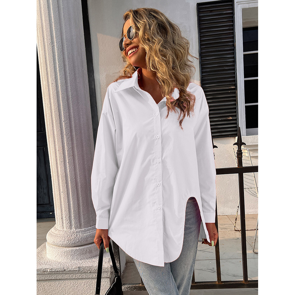 Women's Top Fashion V-Neck Long Sleeve Solid Color Loose Casual Blouses