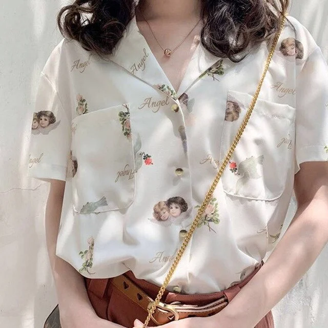 Churchf Angle Pattern Print Blouse Women Vintage Korean Womens Shirt Summer White Leisure Loose Tops Women 2022 Fashion Shirts