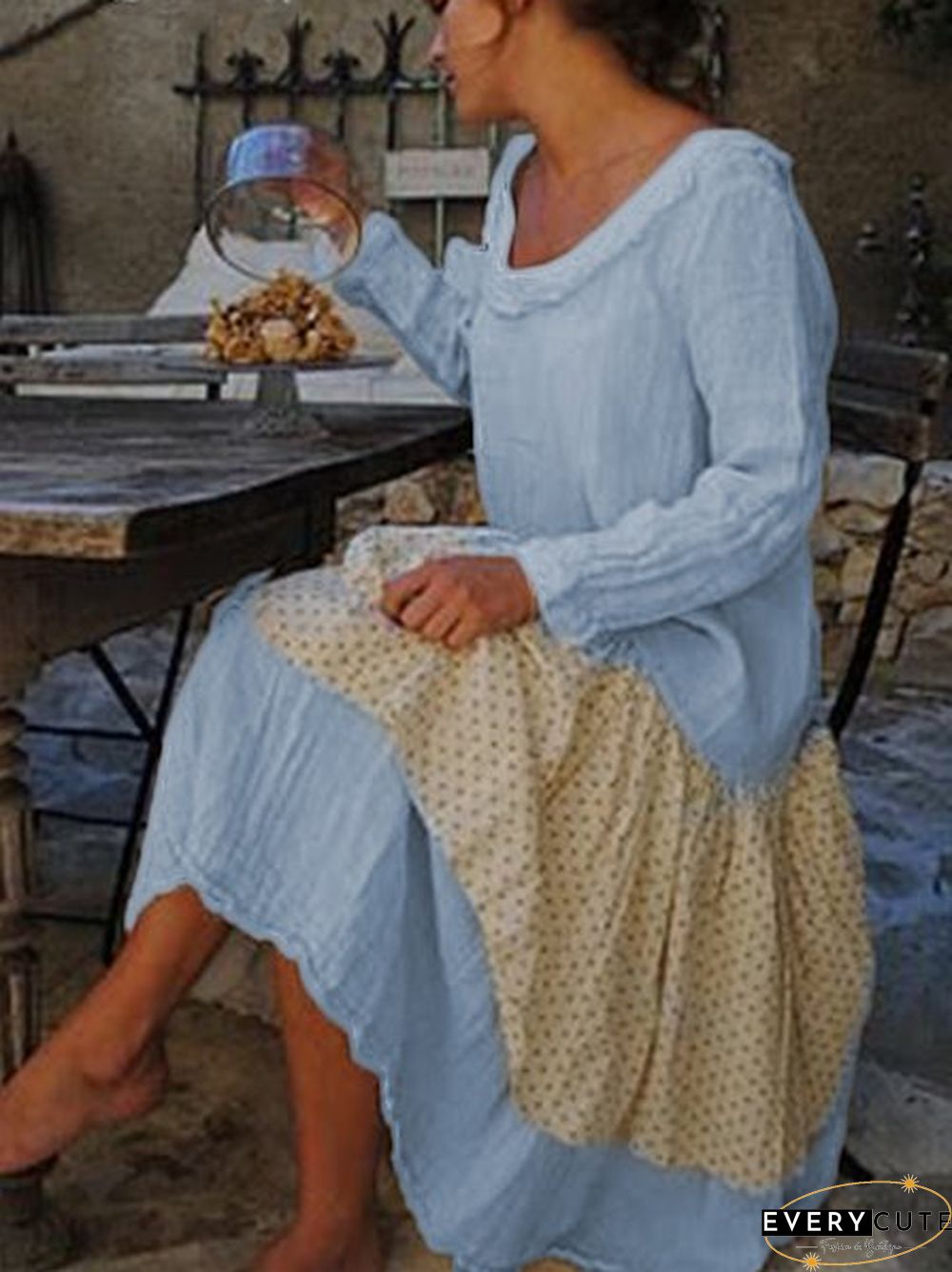 Casual Cotton-Blend Crew Neck Weaving Dress