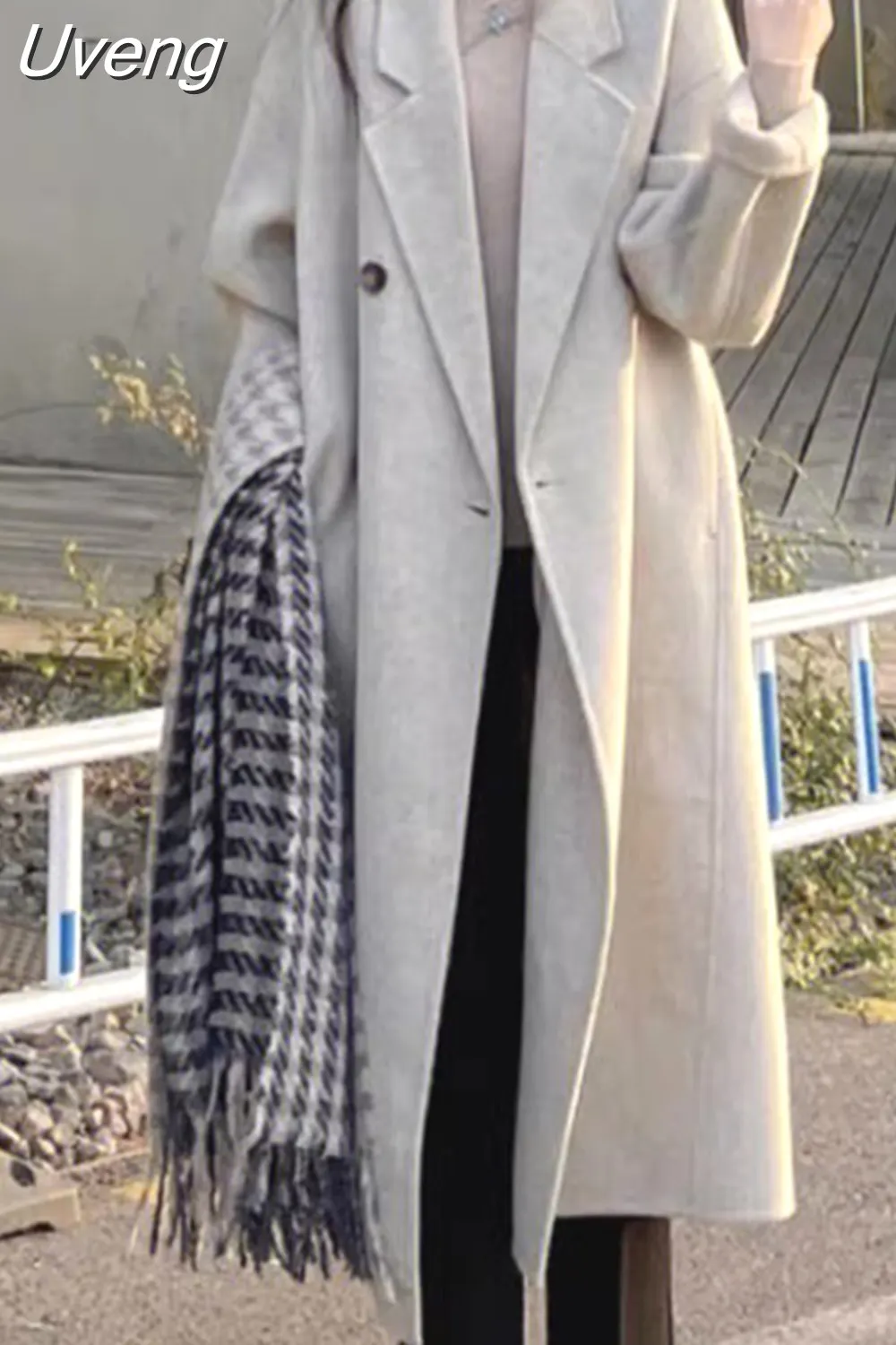 Uveng Woolen Coat Women Korean Fashion Lapel Jackets Female Vintage Double Breasted Overcoat Ladies Autumn Winter Loose Outerwear