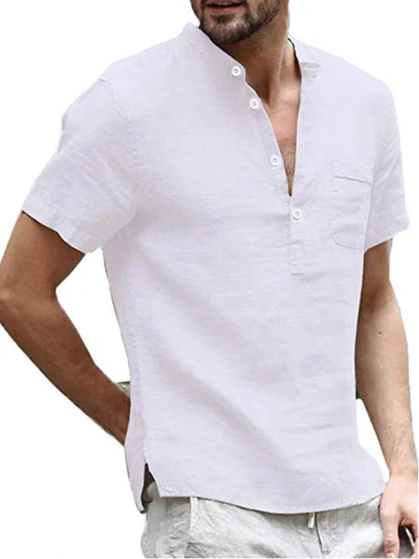 Men's Plain Half Button Chest Pocket Short Sleeve Cotton Linen Shirt