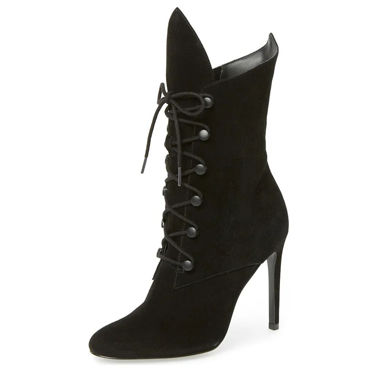 Black Lace Up Boots Stiletto Heel Vegan Suede Shoes for Halloween |FSJ Shoes