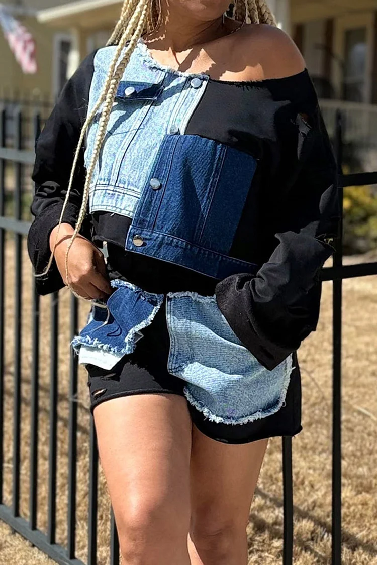 Plus Size Daily Black Oblique Collar Contrast Pocket Denim Two Piece Short Sets [Pre-Order] 2024 - Xpluswear