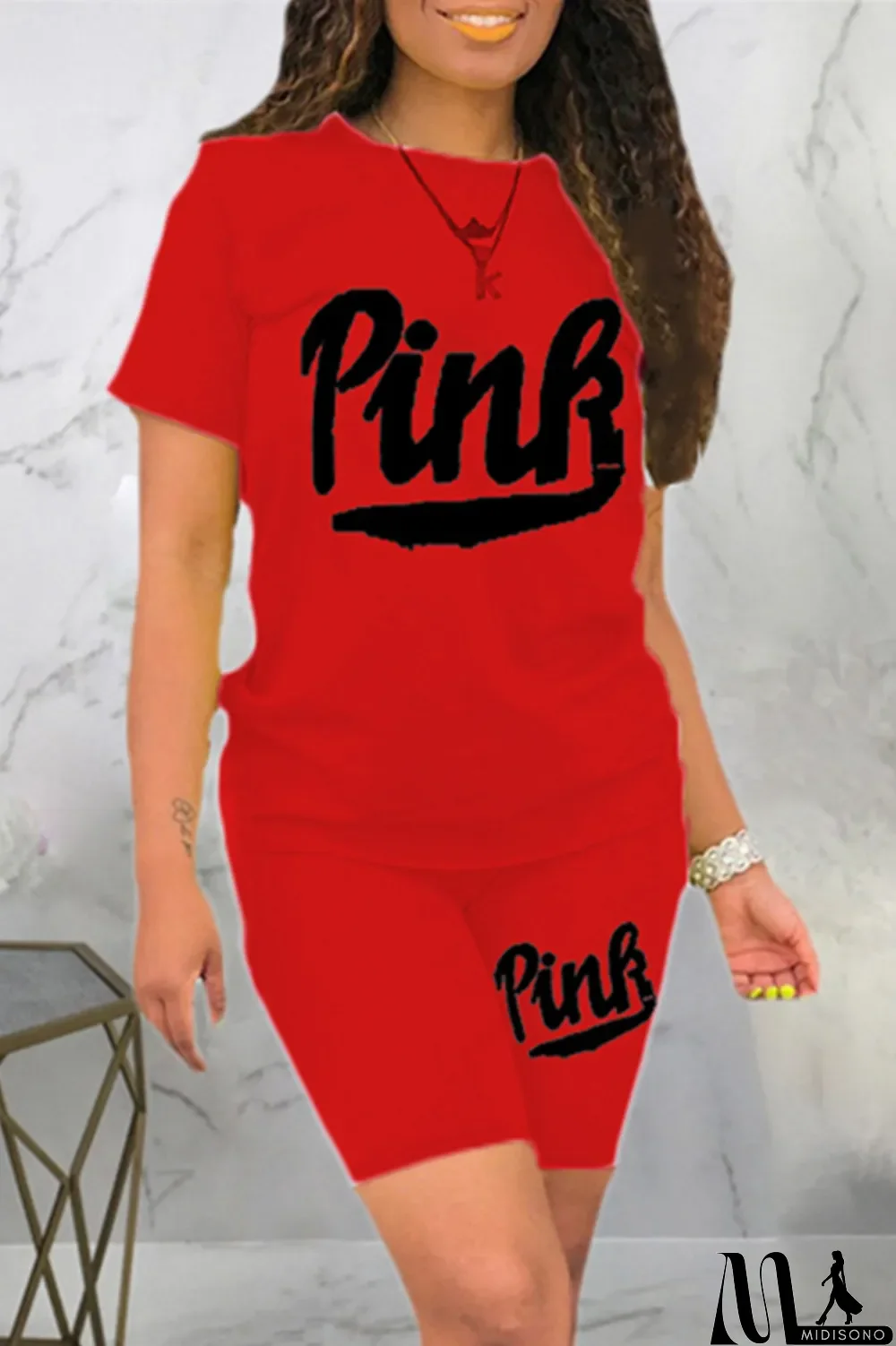 MidiSono - Black Fashion Casual Letter Print Basic O Neck Short Sleeve Two Pieces