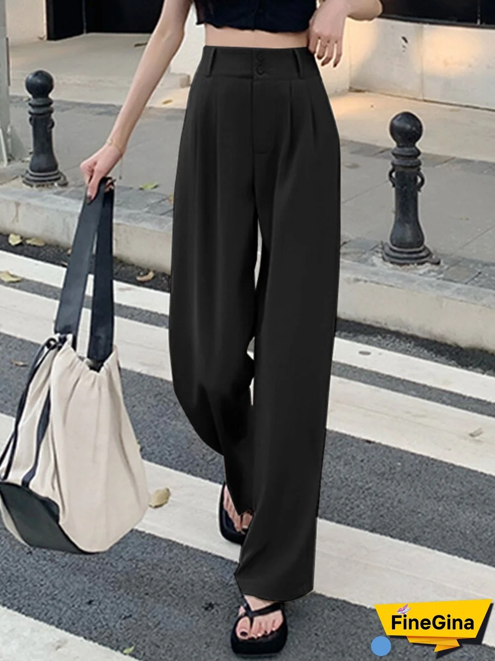 High Waist Solid Pocket Straight Leg Tailored Pants