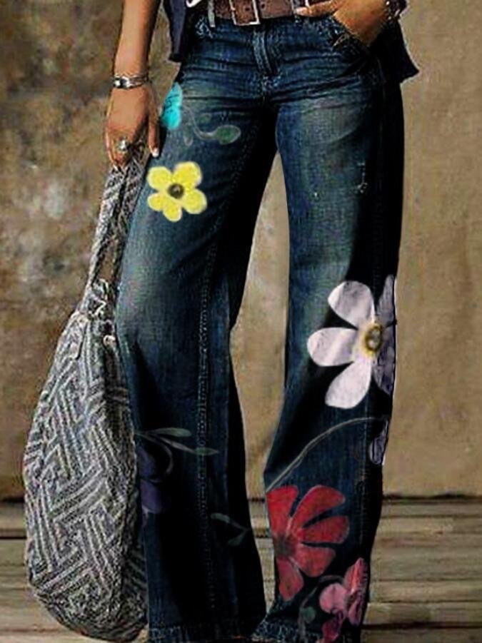 Vintage floral print straight-leg jeans