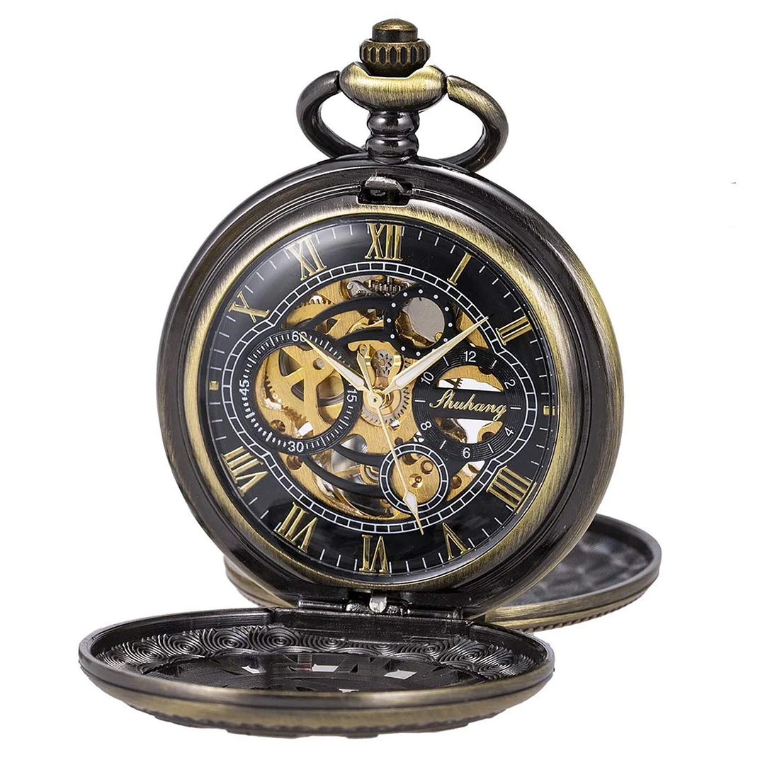 Pocket Watch Skeleton Mechanical Double Case Hand-Wind SIBOSUN Roman Numerals Antique Chain Mens