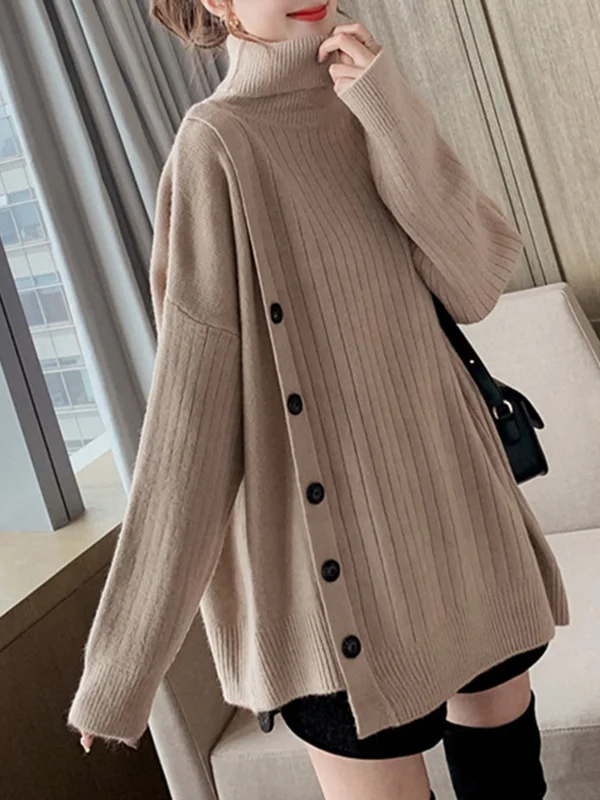 Buttoned Asymmetric Thick Loose High-neck Sweater Tops Pullovers Knitwear