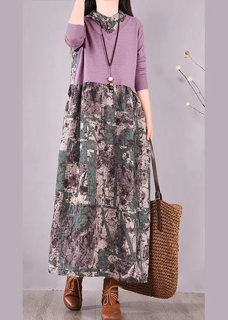 Natural Patchwork Spring Clothes Fabrics Purple Print Loose Dress
