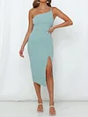 One-Shoulder Solid Color Split-Side Casual Midi Dress