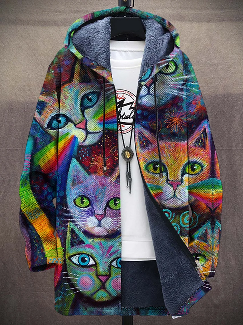 Unisex Rainbow Magic Cats Art Pattern Plush Thick Long-Sleeved Sweater Cardigan Coat