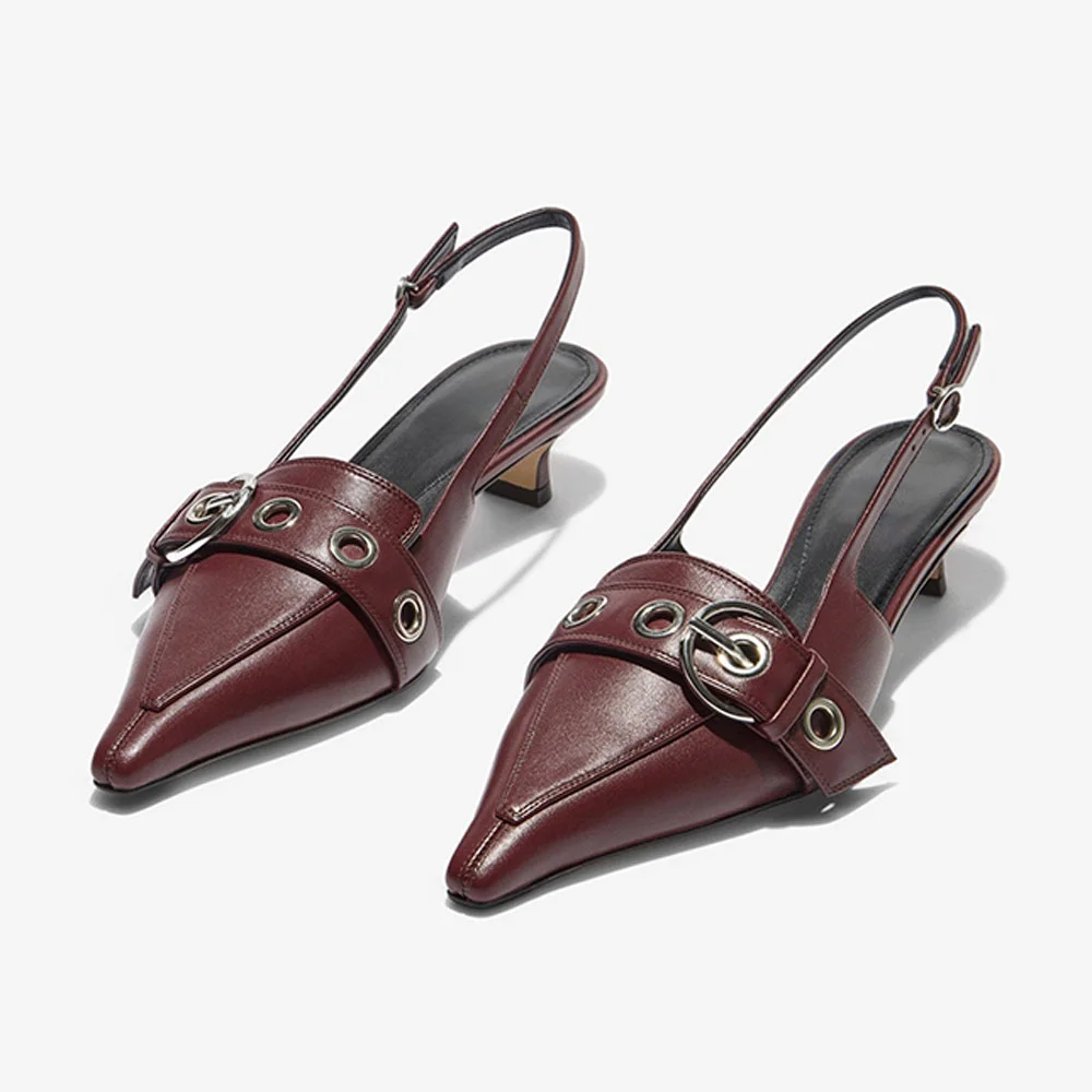 Maroon Pointed Toe Kitten Heel Buckled Slingback Pumps for Women