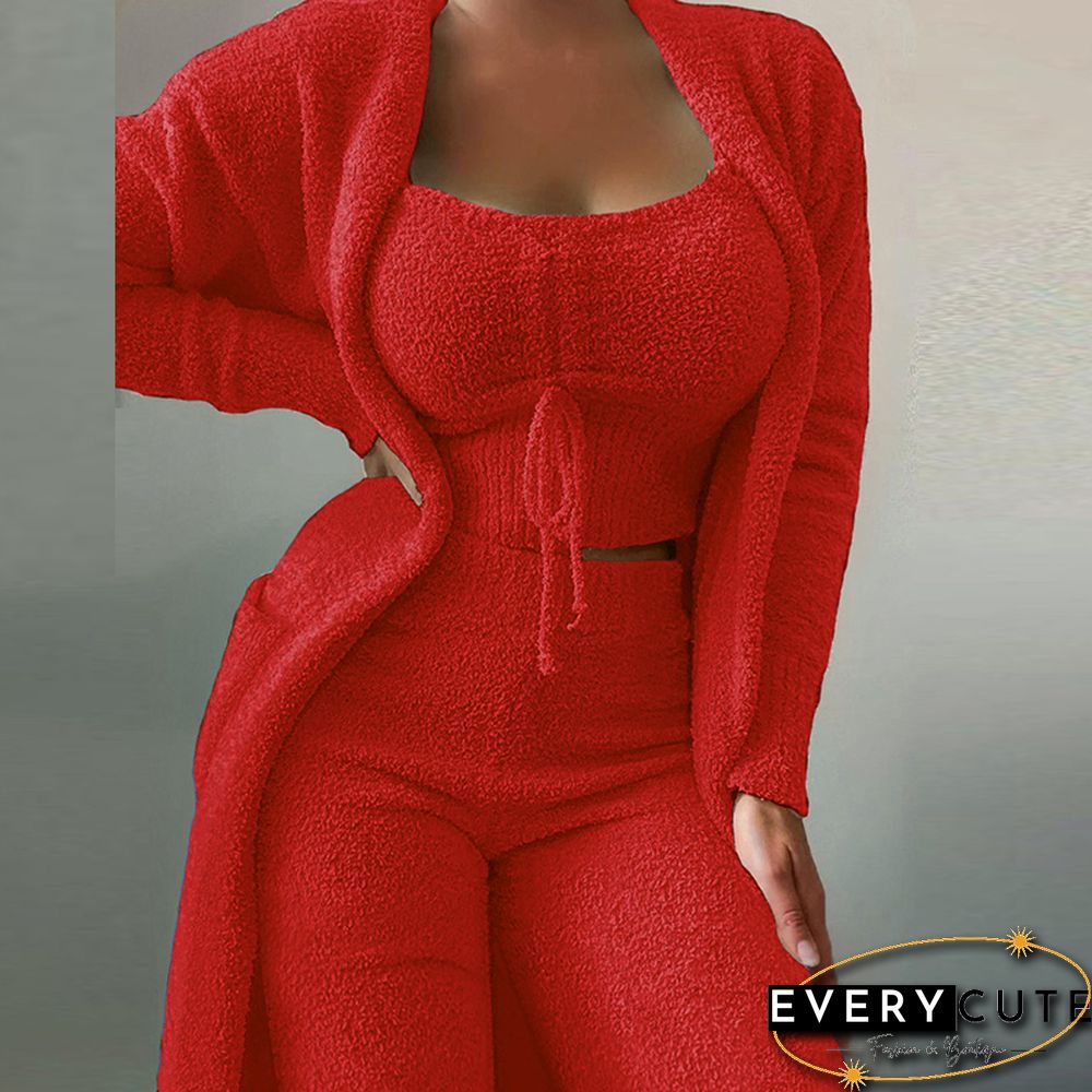 Autumn Winter New Women Fashion Casual Plush Lace-Up Vest+Long Cardigan+Trousers Suits Soft Fuzzy Solid Three Piece Set Outfits