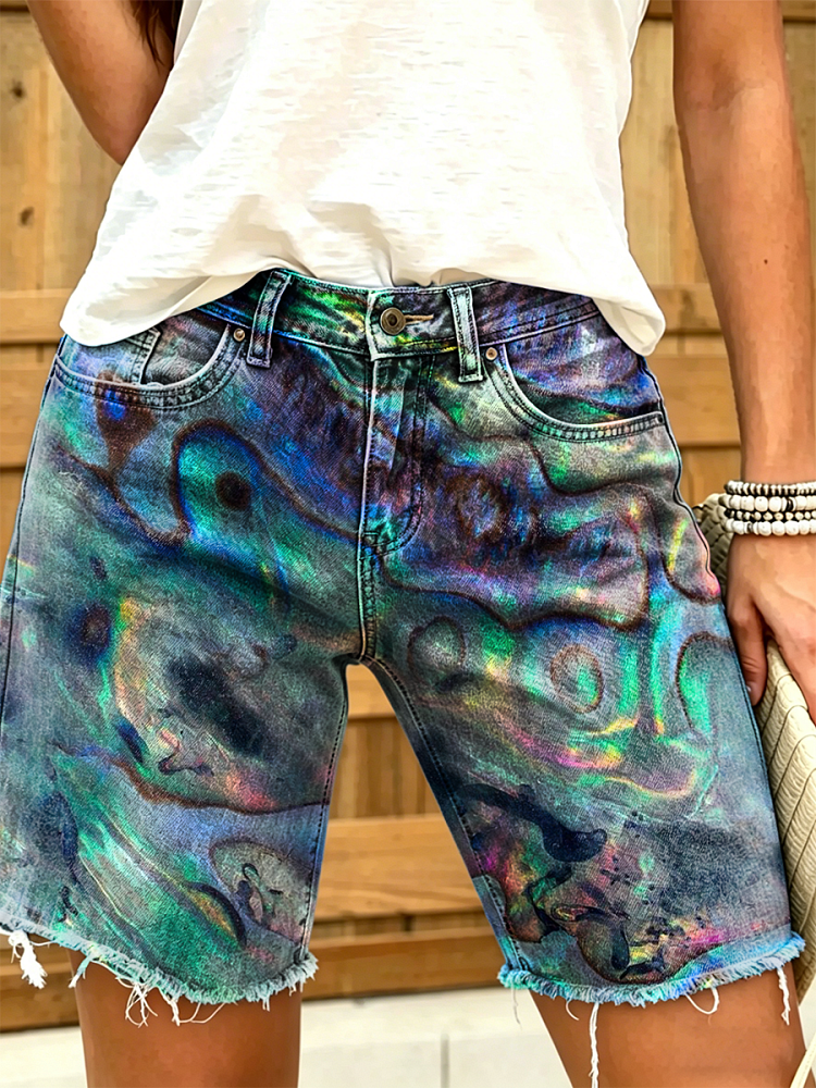 Women's Retro Colorful Art Print Casual Washed Cotton Denim Shorts